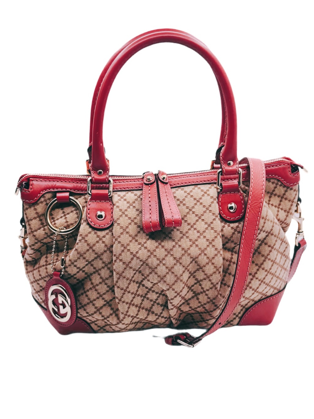 GUCCI Beige/Rust Diamante Canvas Sukey Top Handle Crossbody Bag